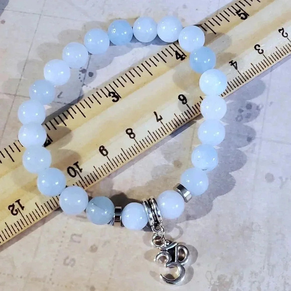 Om Aum Zen Mantra Mindfulness Light Blue Agate Gemstone Stretch Bracelet - Picture 8 of 8
